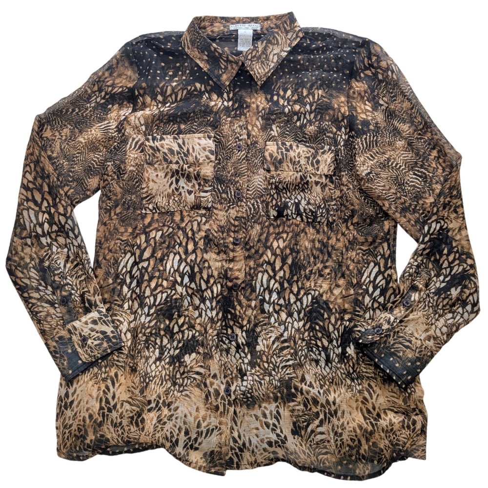 VTG Alberto Makali XL Semi-Sheer Animal/Feather Print Blouse Maximalist Top Y2K‎
